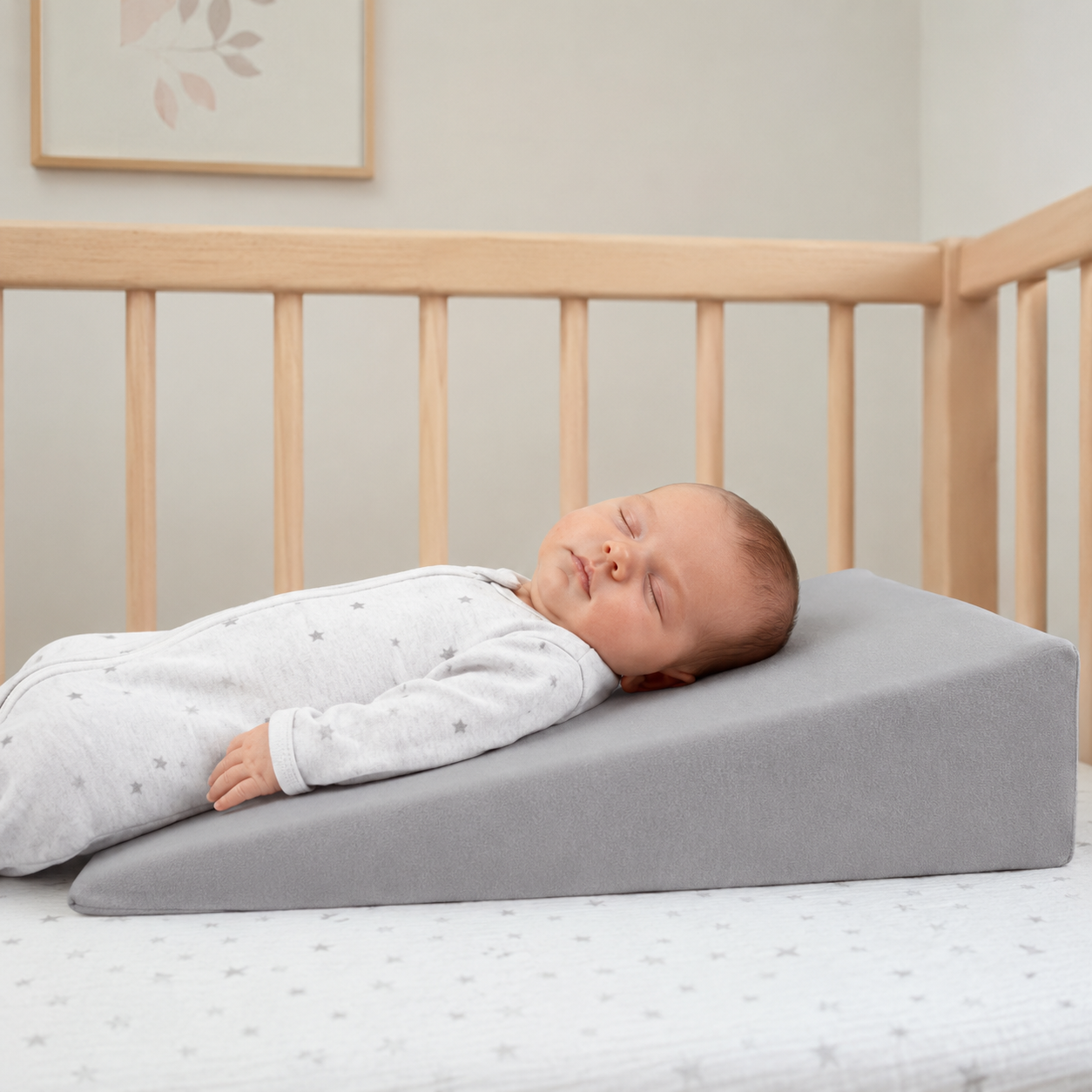 Cale-bébé incliné pour lit de bébé en gris sous un bébé endormi en pyjama blanc dans un lit en bois