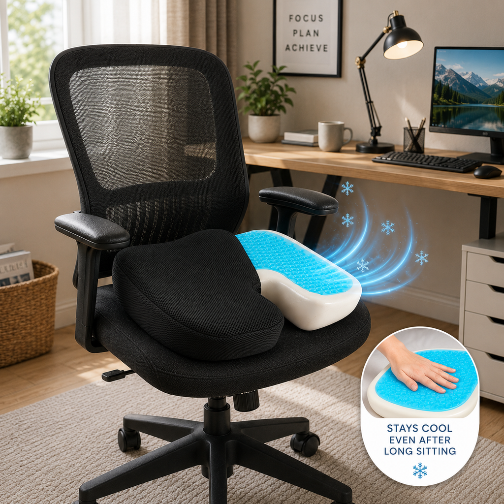 Chaise de bureau en maille noire avec coussin d’assise en mousse à mémoire de forme et gel rafraîchissant bleu, présentée dans un bureau à domicile lumineux