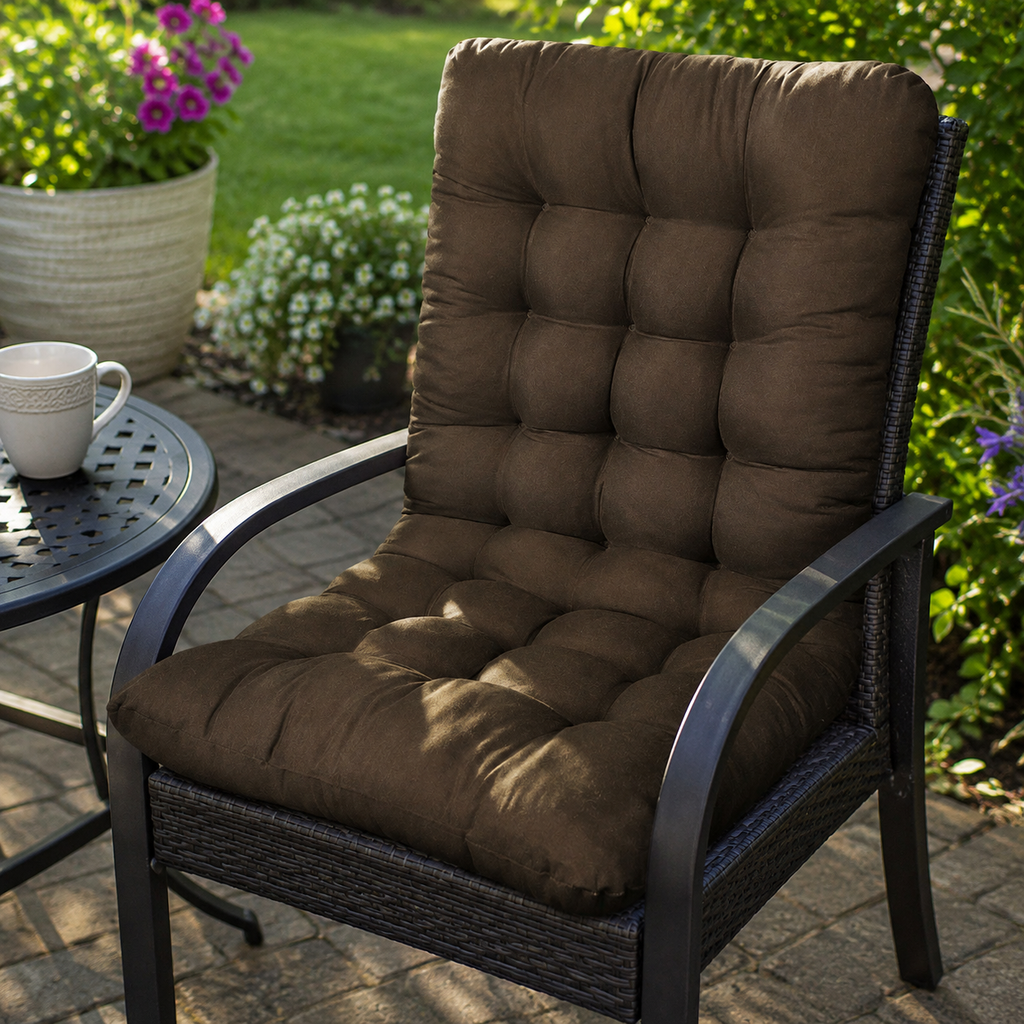 Coussin de chaise matelassé capitonné marron avec dossier attaché et rembourrage d’assise sur une chaise longue d’extérieur