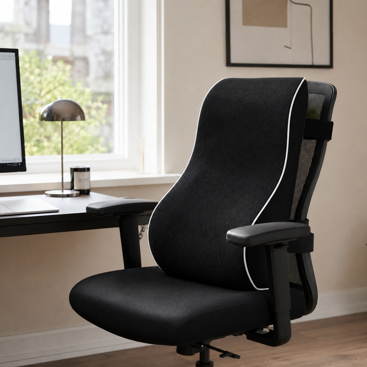 Coussin de soutien lombaire en maille noire pour chaise de bureau avec bordure blanche, fixé au dossier de la chaise