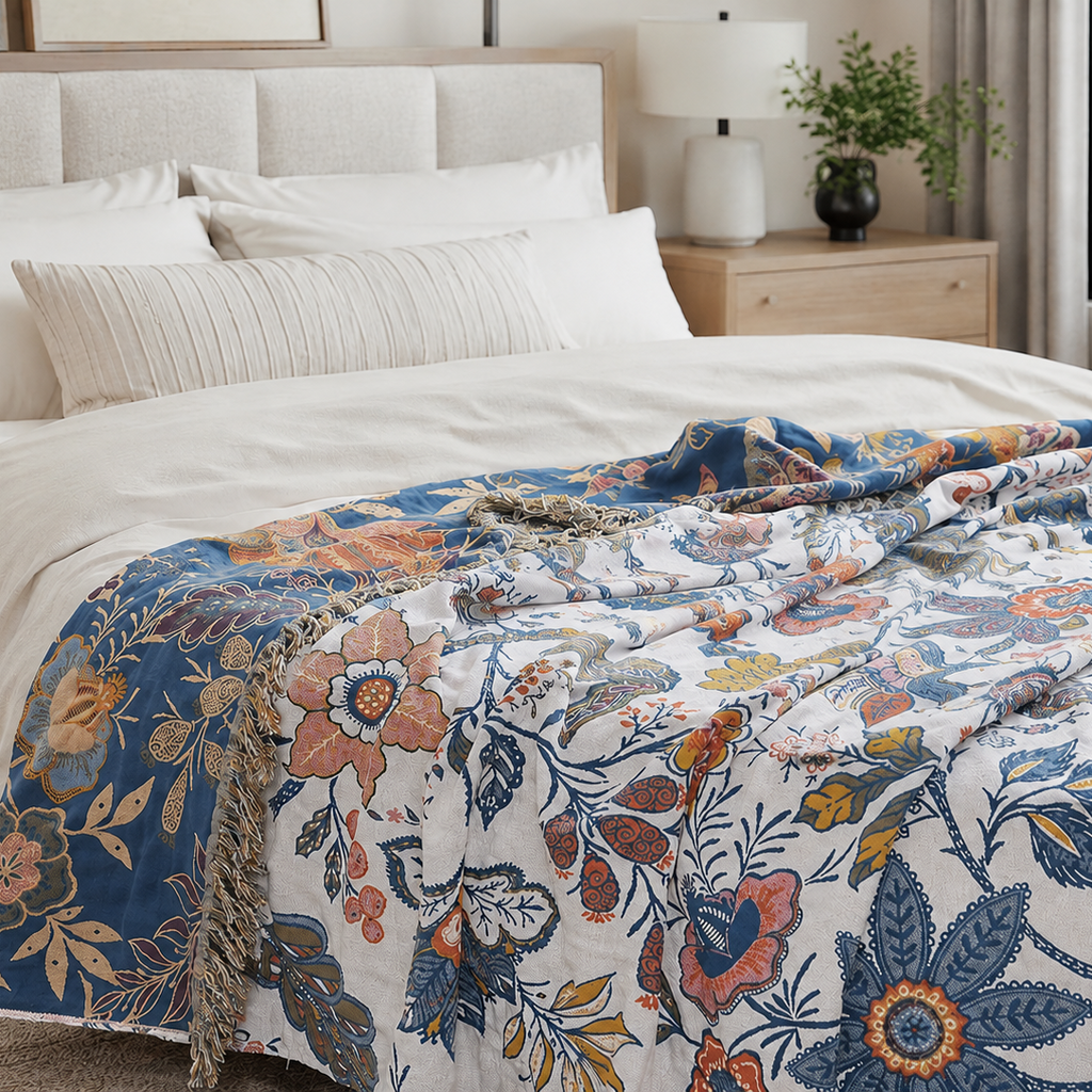 Couverture en coton jacquard fleuri à motif floral bleu et rouille drapée sur une literie blanche