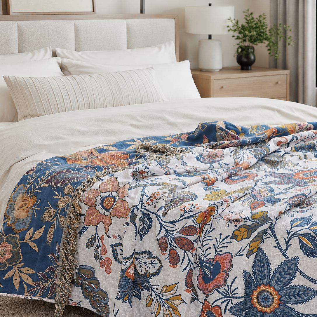 Couverture en coton jacquard fleuri à motif floral bleu et rouille drapée sur une literie blanche