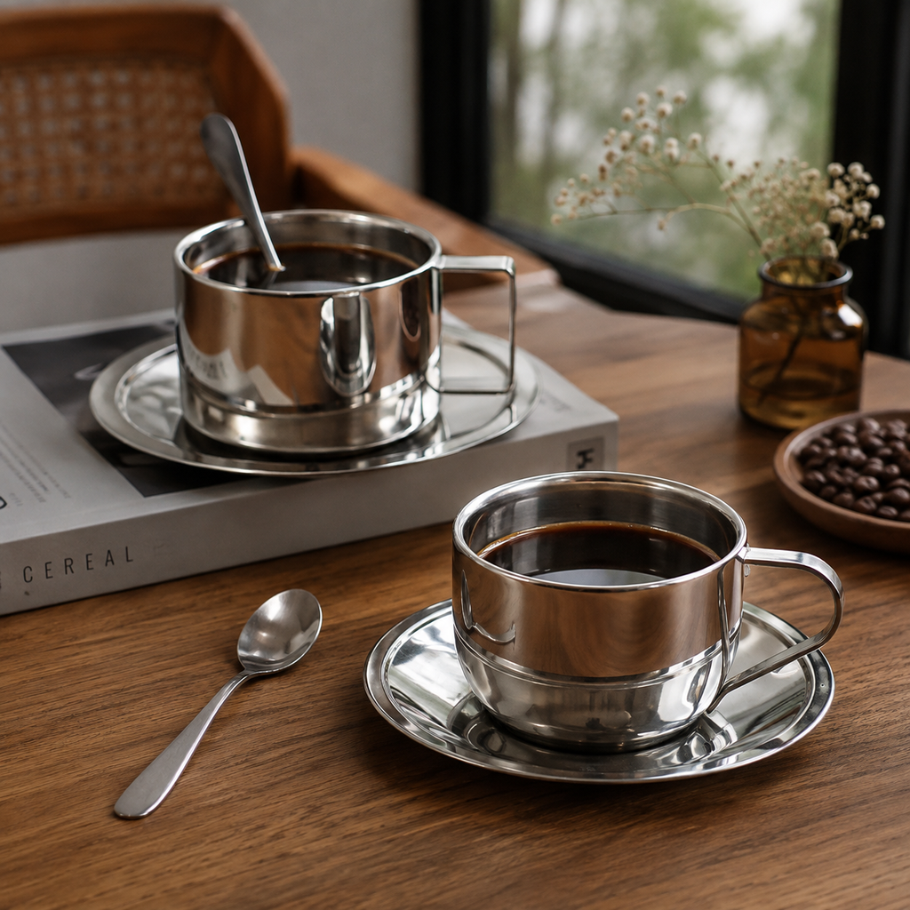 Deux tasses à thé en acier inoxydable avec soucoupes en verre et cuillères, remplies de thé noir, sur une table en bois