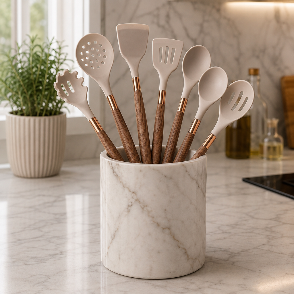 Ensemble d’ustensiles de cuisine en silicone avec têtes de cuillère et de spatule crème, manches en bois de noyer dans un pot en céramique marbrée