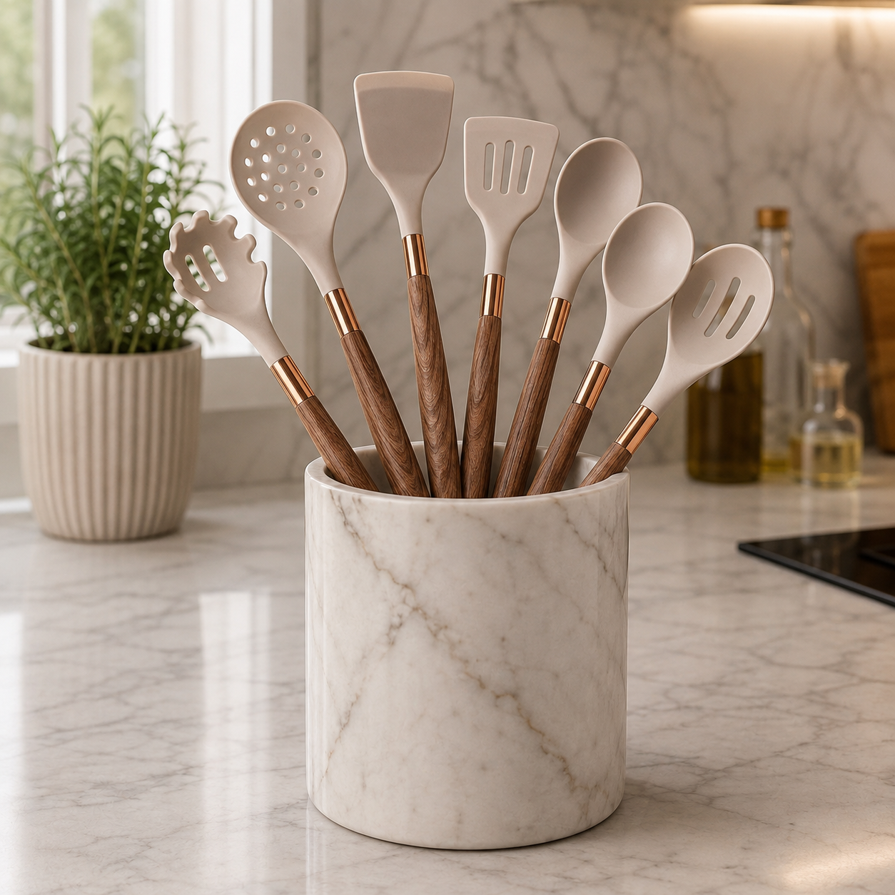 Ensemble d’ustensiles de cuisine en silicone avec têtes de cuillère et de spatule crème, manches en bois de noyer dans un pot en céramique marbrée