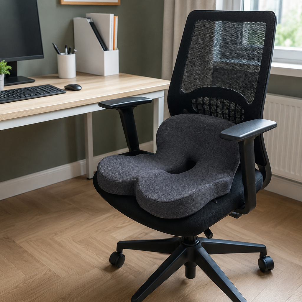 Galette de chaise en mousse à mémoire de forme grise avec découpe pour le coccyx sur une chaise de bureau noire devant un bureau