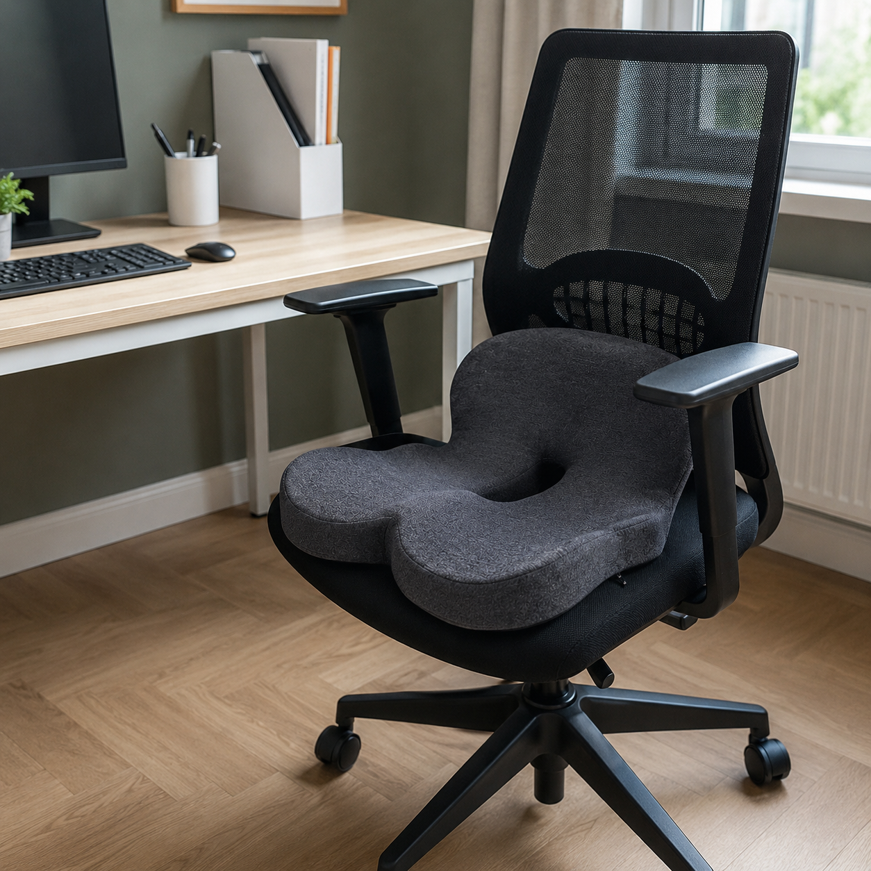 Galette de chaise en mousse à mémoire de forme grise avec découpe pour le coccyx sur une chaise de bureau noire devant un bureau