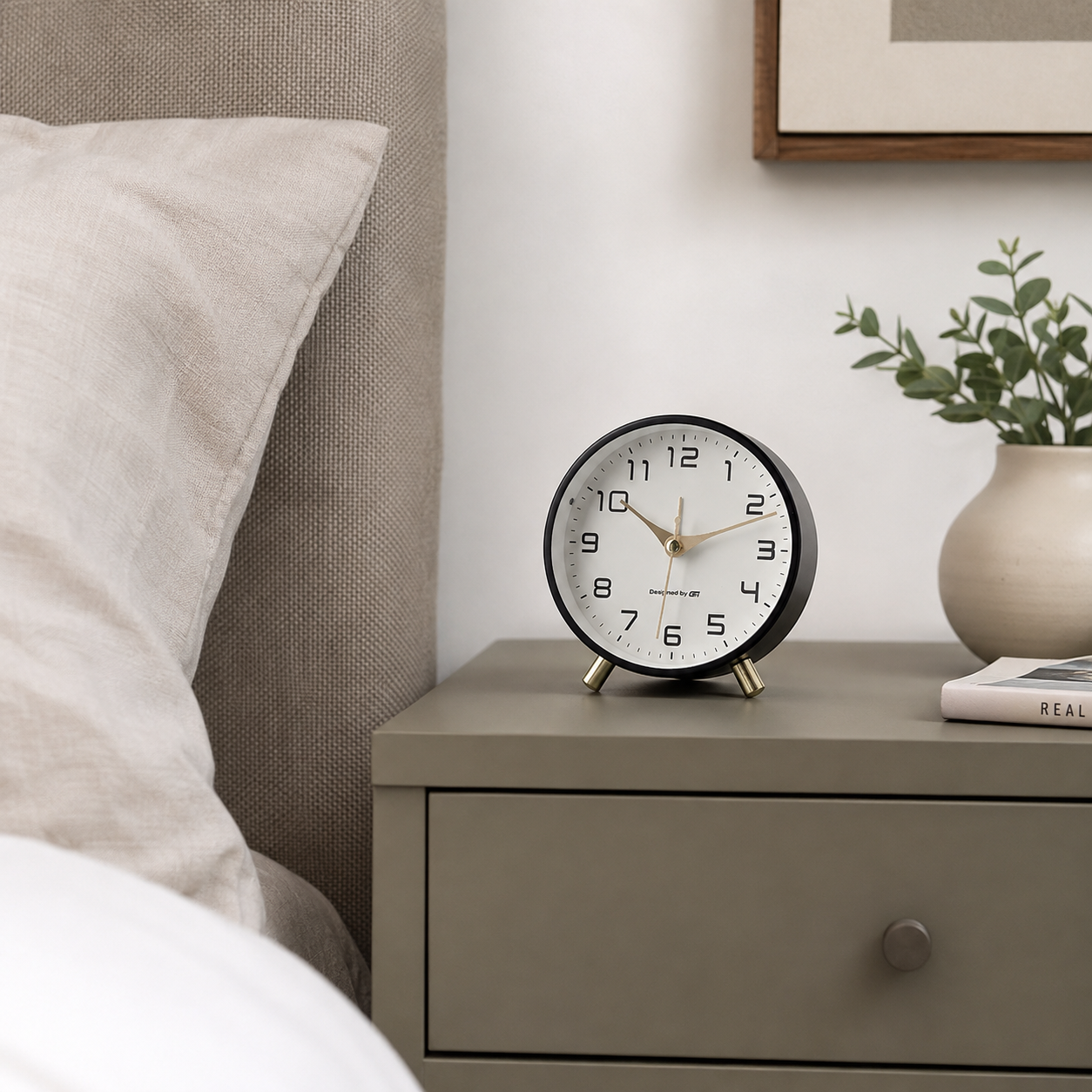 Horloge de table ronde avec cadre noir et cadran blanc sur une table de chevet