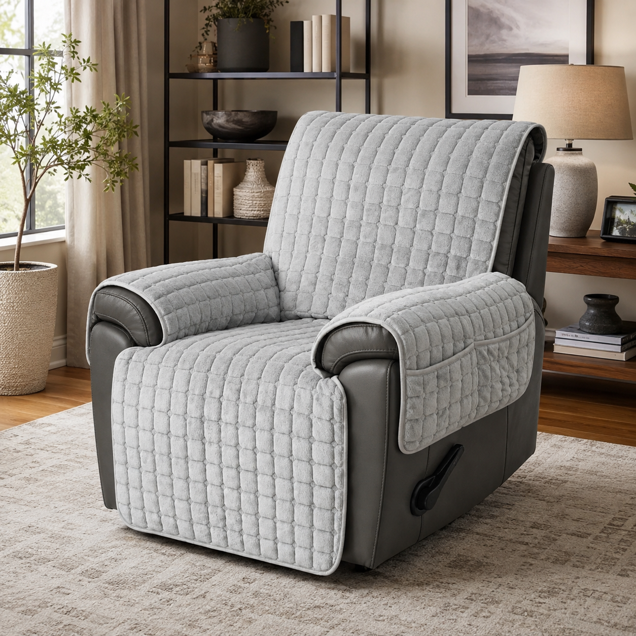 Housse de fauteuil relax matelassée en gris clair à motif de losanges sur un fauteuil inclinable en cuir noir