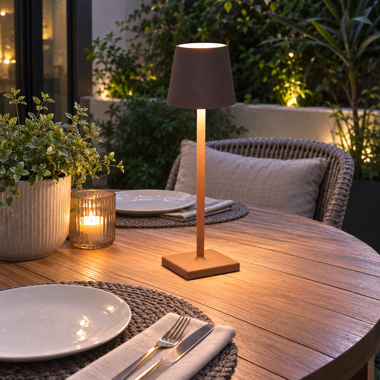 Lampe de table LED sans fil avec abat-jour noir et base en bois sur une table à manger extérieure la nuit