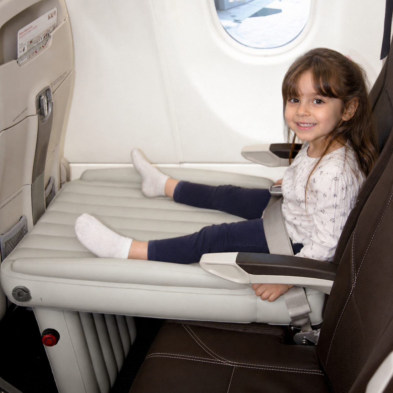 Lit de voyage gonflable pour enfants dans une cabine d’avion avec un enfant assis dessus portant des chaussettes blanches et un legging bleu marine