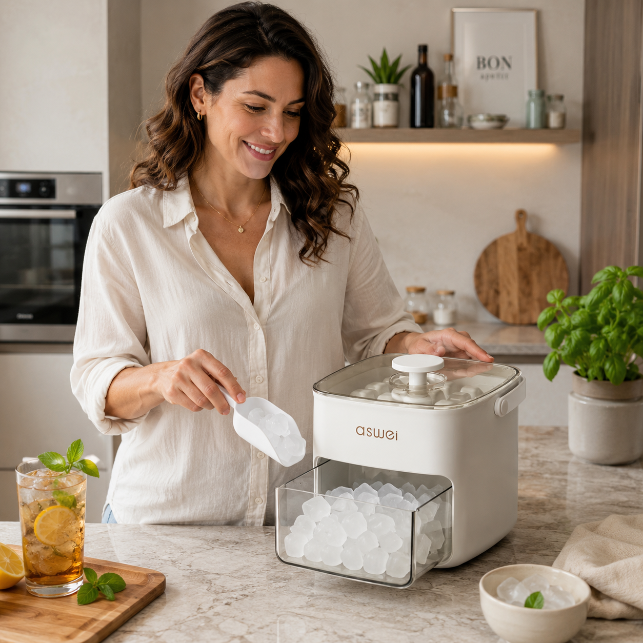 Machine à glaçons compacte avec compartiment transparent sur un plan de travail de cuisine, femme utilisant le distributeur de glaçons