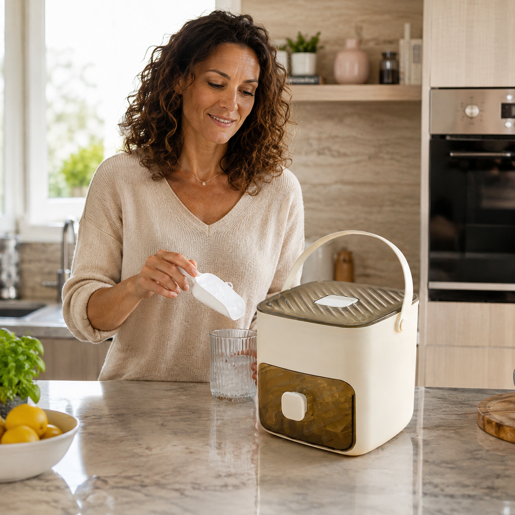 Machine à glaçons portative en blanc avec poignée ton bois, distribuant des glaçons dans un verre sur un plan de travail de cuisine