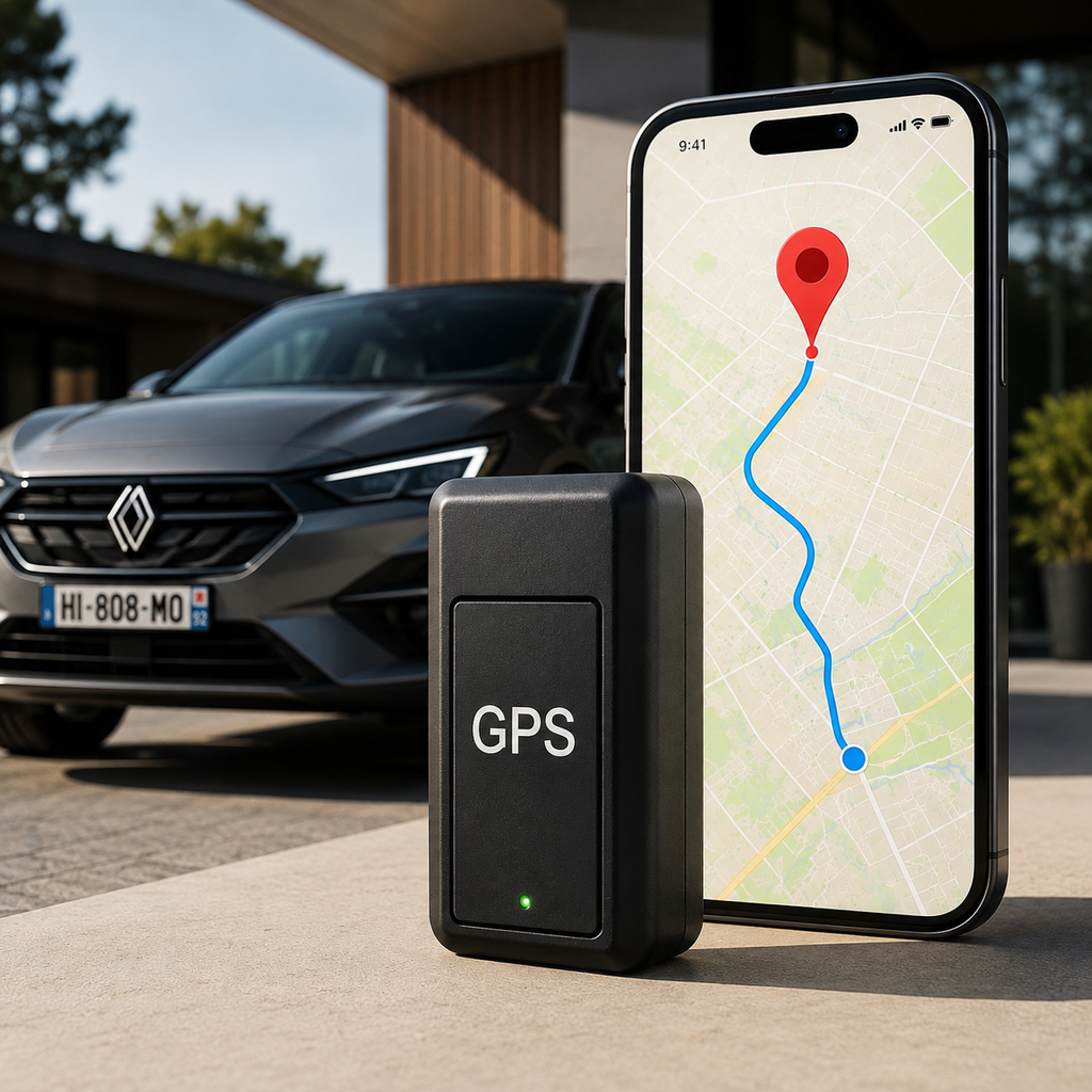 Mini traceur GPS magnétique en noir présenté à côté d’un smartphone affichant une carte avec l’itinéraire de localisation