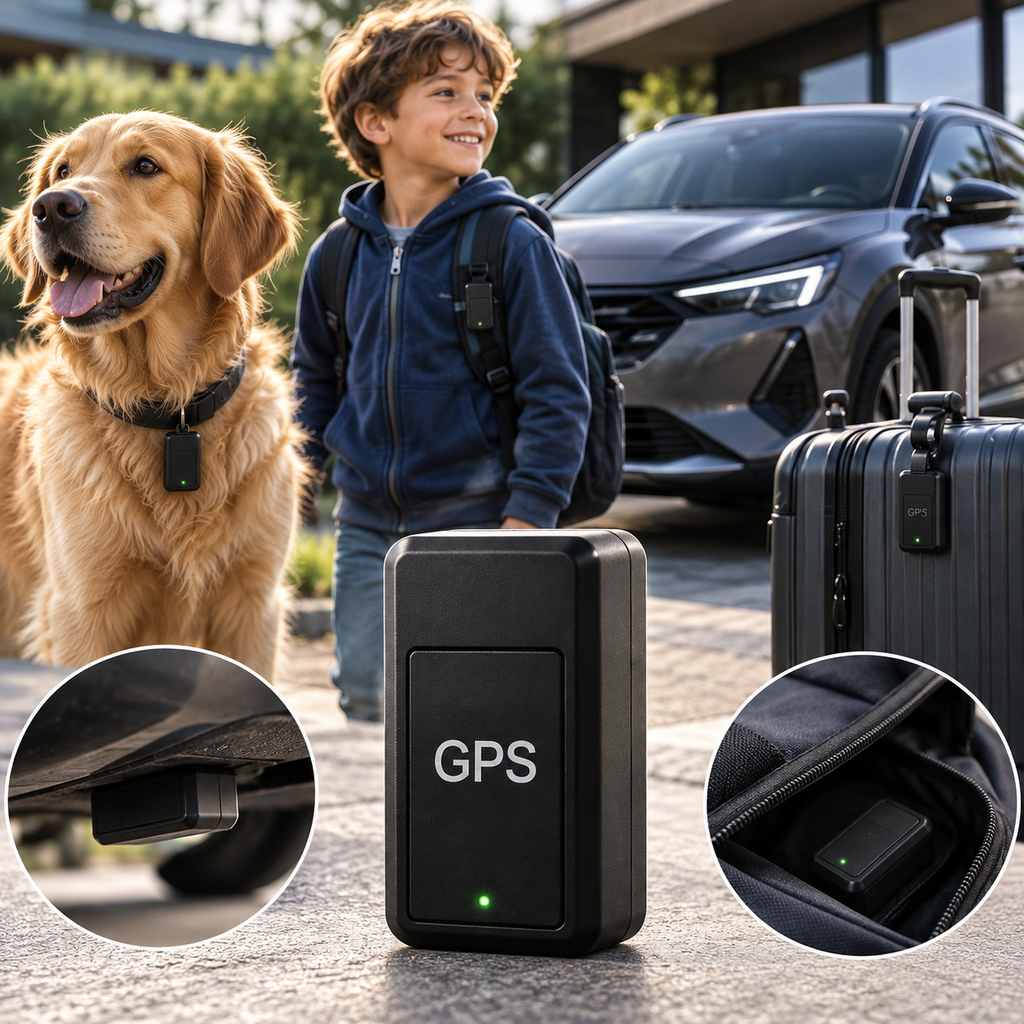 Mini traceur GPS magnétique noir avec voyant lumineux vert, présenté avec un animal, un enfant et des bagages dans une allée