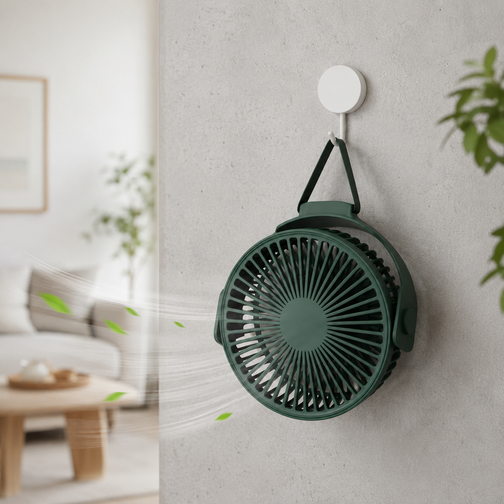 Mini ventilateur de bureau vert avec sangle noire et ventouse blanche fixé sur un mur en béton