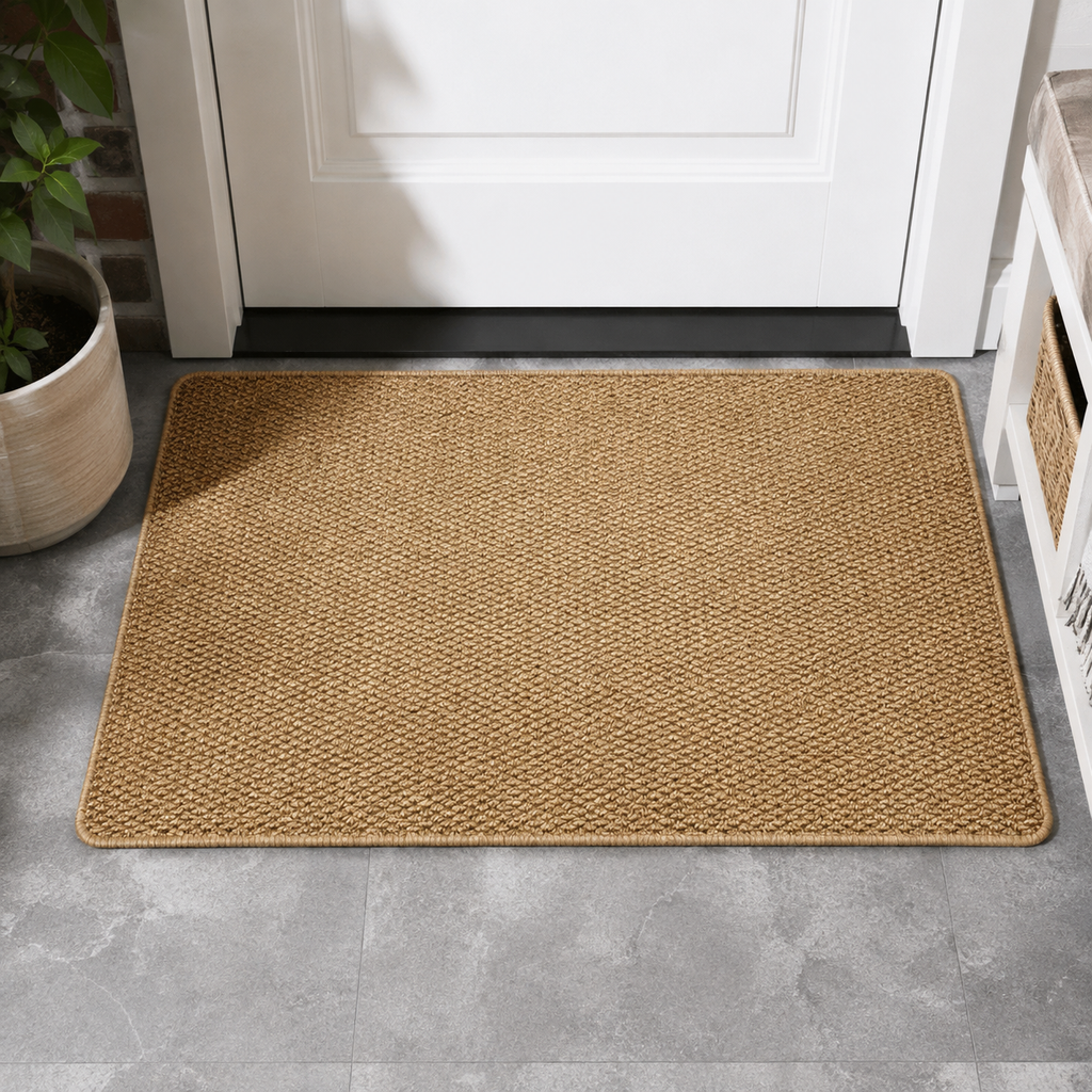 Paillasson en fausse jute beige avec tissage texturé placé devant une entrée à porte blanche
