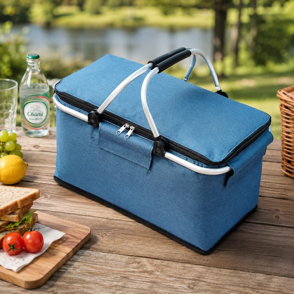 Panier de pique-nique pliable bleu avec poignées blanches et bordure noire sur une table de pique-nique extérieure