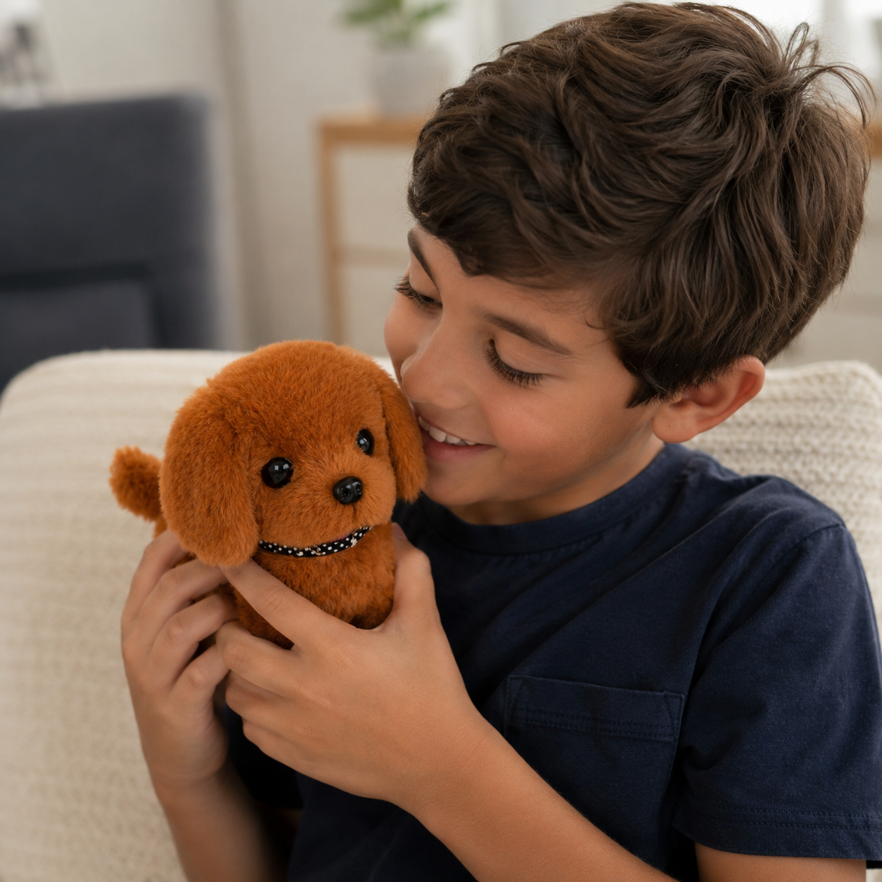 Peluche chiot marron à la texture de fourrure douce tenue par un jeune enfant en chemise bleu marine