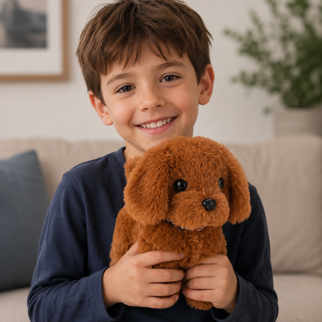 Peluche chiot marron tenue par un enfant portant une chemise à manches longues bleu marine