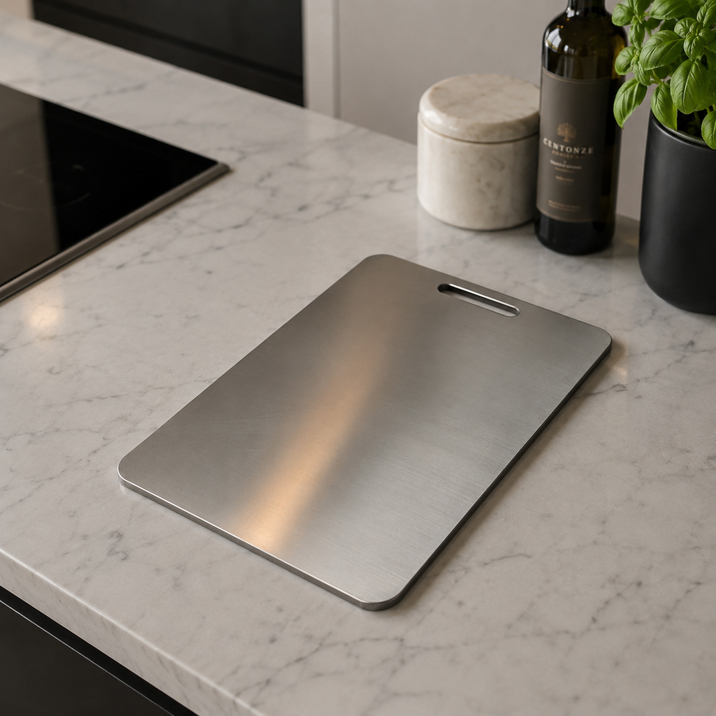Planche à découper en acier inoxydable avec coins arrondis sur un plan de travail de cuisine en marbre