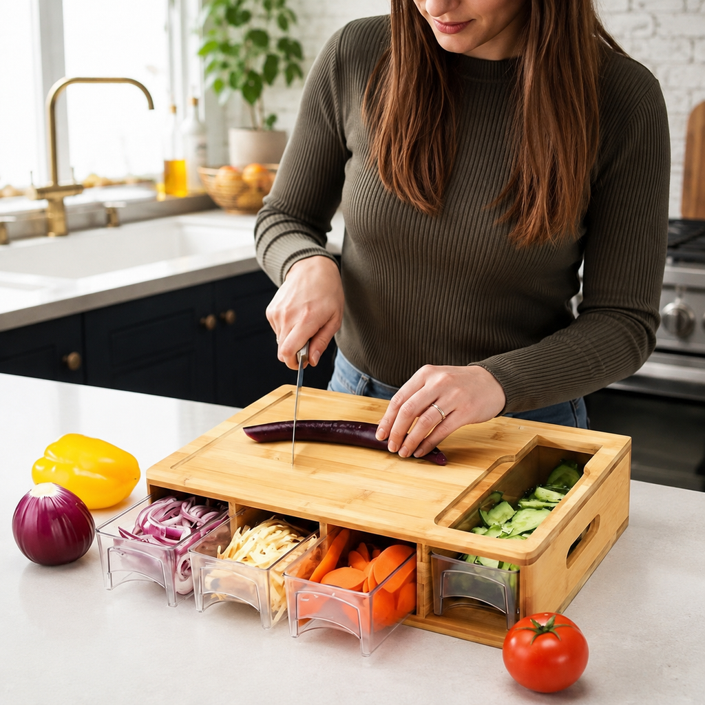 Planche à découper en bambou avec bacs de rangement contenant des légumes coupés en dés, femme coupant une aubergine dans une cuisine