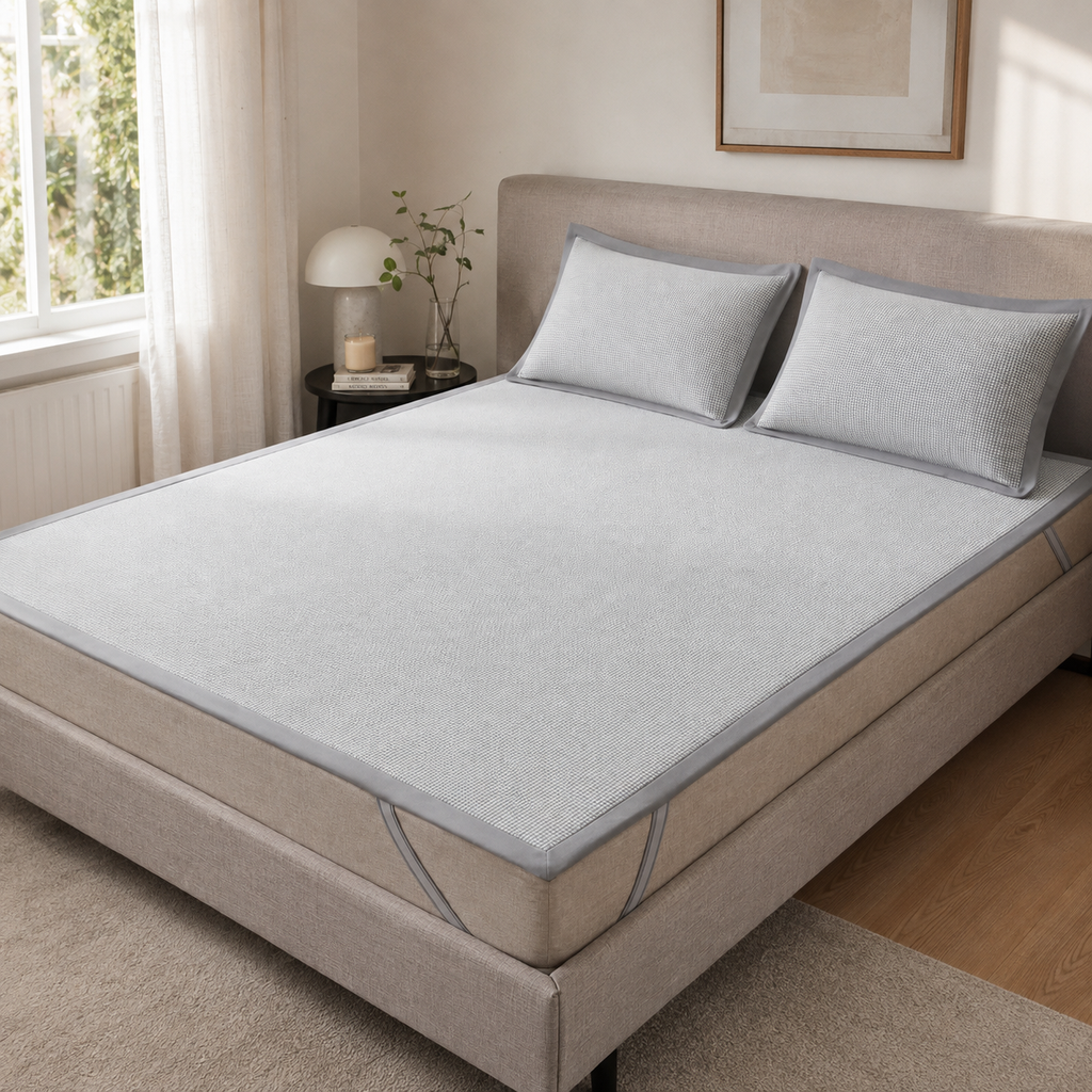 Protège-matelas rafraîchissant avec deux taies d’oreiller présenté sur un cadre de lit tapissé beige