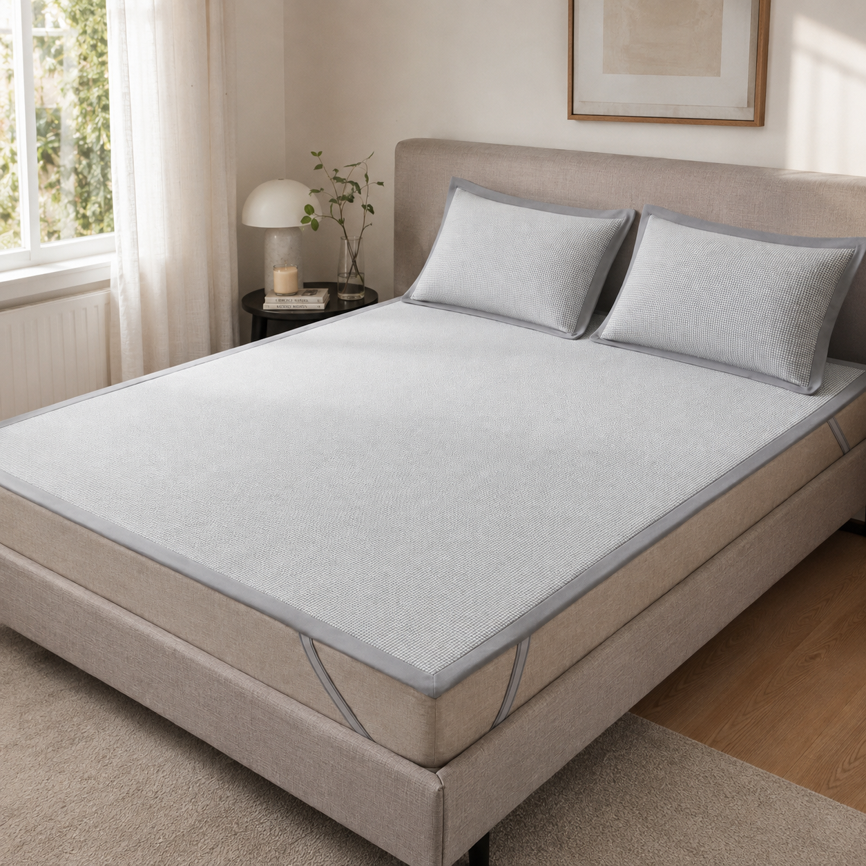 Protège-matelas rafraîchissant avec deux taies d’oreiller présenté sur un cadre de lit tapissé beige