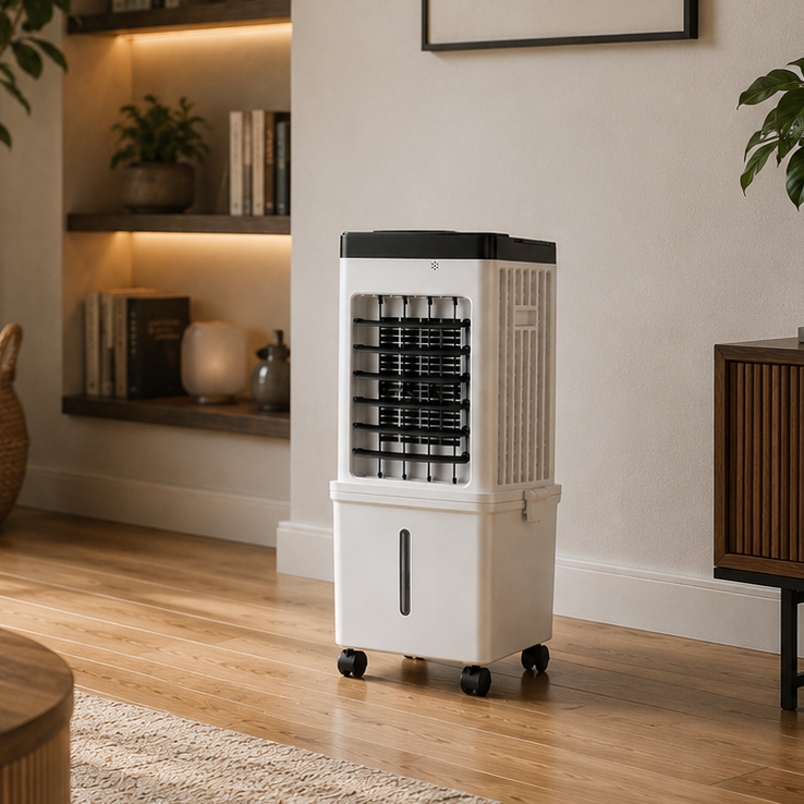 Rafraîchisseur d’air oscillant portatif avec corps blanc, grille noire et réservoir d’eau dans un salon moderne