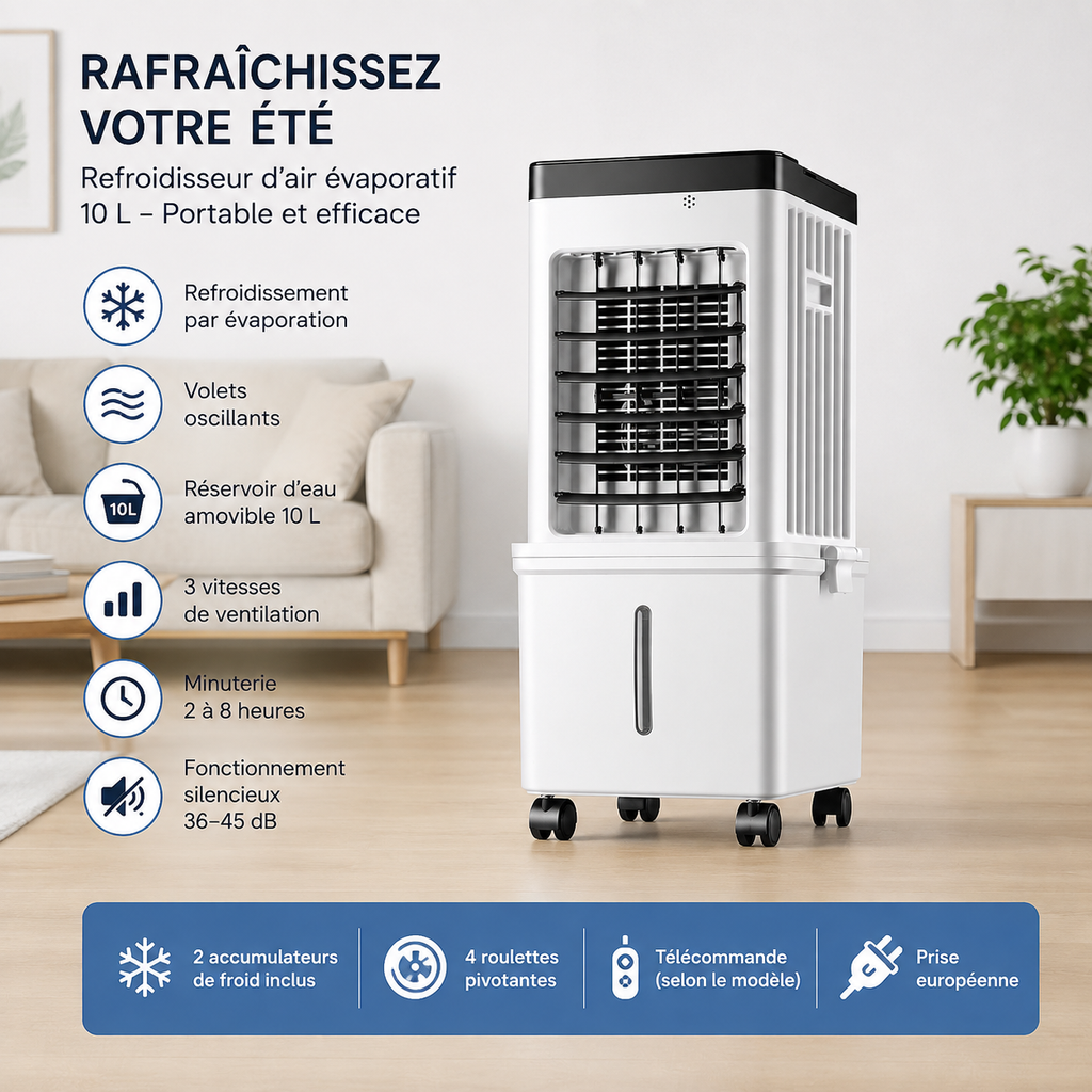 Rafraîchisseur d’air portatif au design blanc et noir, réservoir d’eau de 10 L, ventilateurs oscillants, présenté dans un salon