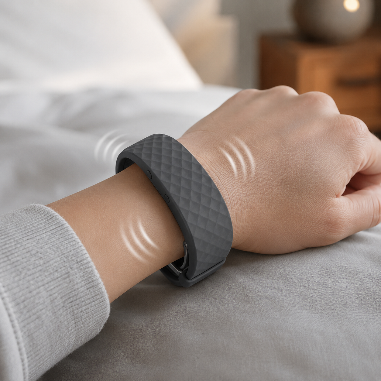 Réveil silencieux à vibration noir porté au poignet avec bracelet à texture matelassée
