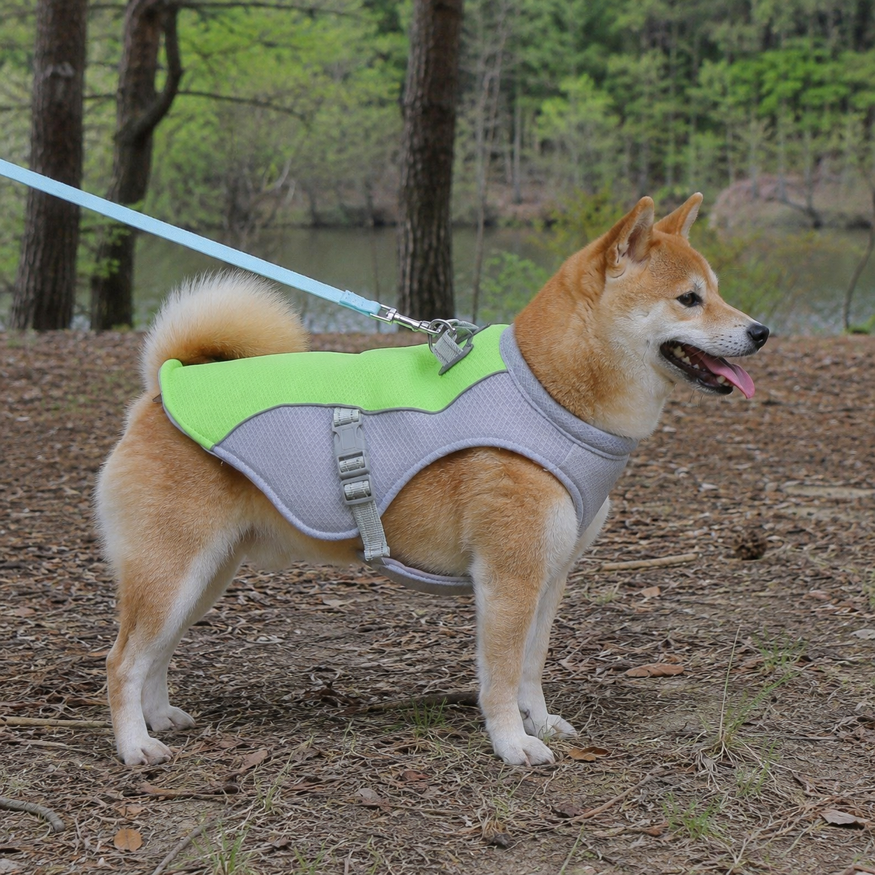 Shiba Inu portant un gilet rafraîchissant en maille vert néon et gris sur un sentier forestier