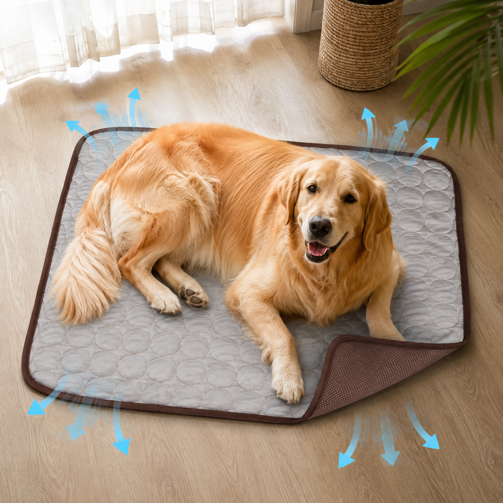Tapis rafraîchissant matelassé pour animaux gris avec bordure marron, golden retriever couché sur le tapis
