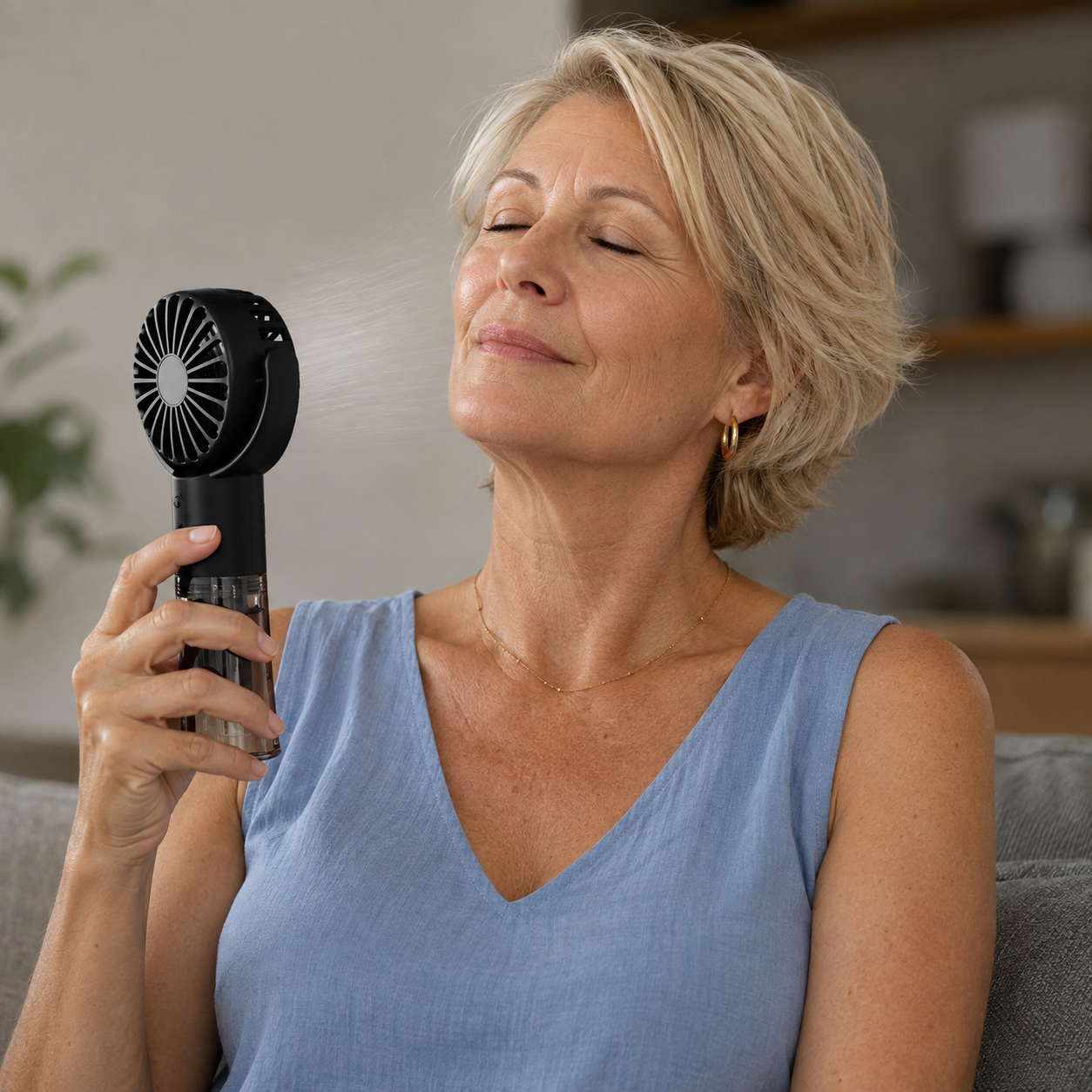 Ventilateur brumisateur portatif en noir avec pales rotatives, tenu par une femme en haut bleu l’utilisant sur son visage