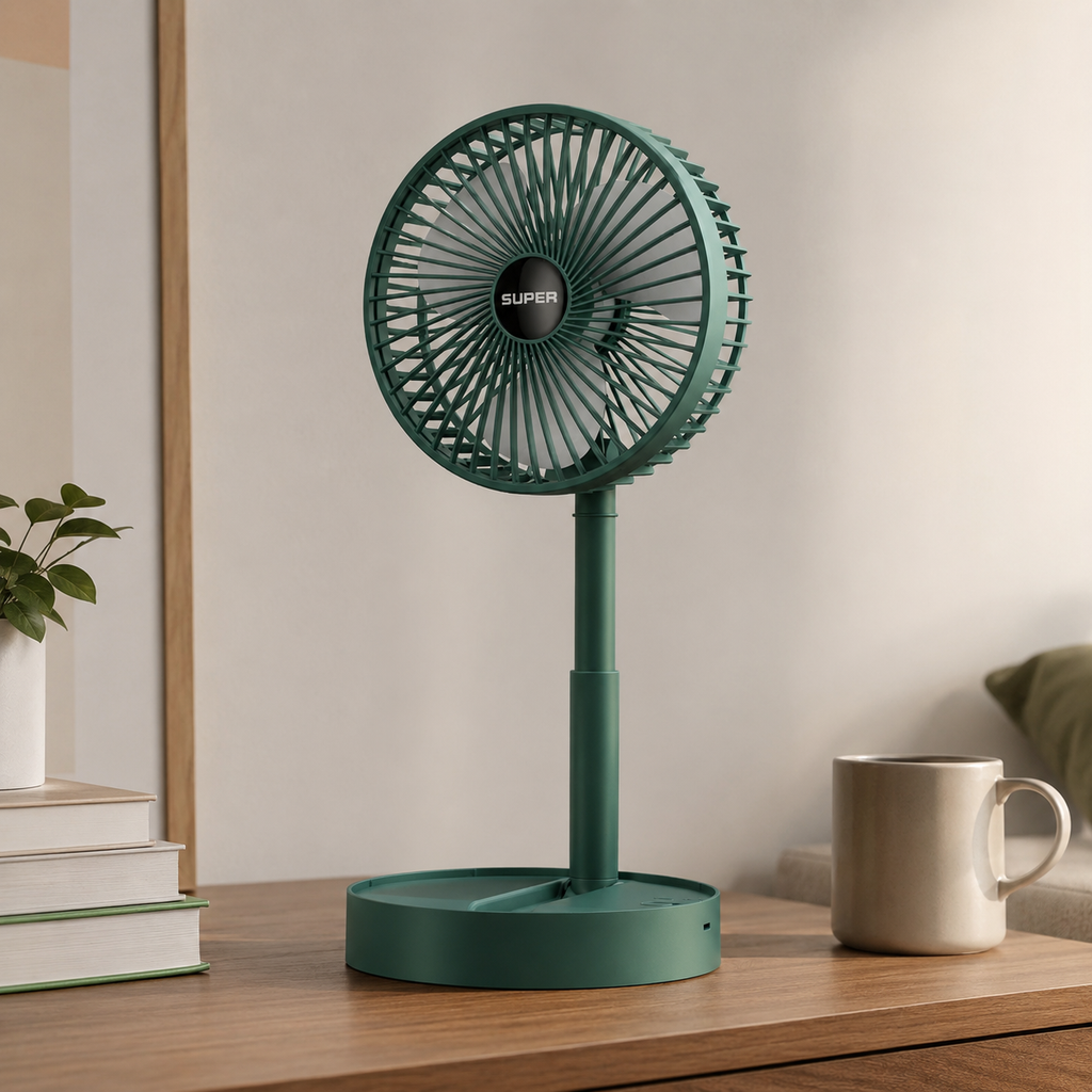 Ventilateur de bureau télescopique portatif vert avec pale ronde sur un pied réglable